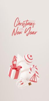 3d Christmas tree with red gift box and ball white background, xmas poster, web banner. 3d render illustration minimal style christmas and new year concept