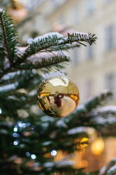 Christmas decorations golden ball and snow on pine tree.