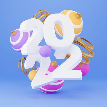 2022 new year banner. 3d render, abstract colorful geometric background, multicolored balls, balloons, primitive shapes, minimalistic design. Merry christmas and happy new year greeting card