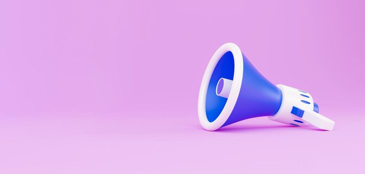 Megaphone on pink background. 3d render illustration with copy space. 3d render white and blue portable cordless megaphone lies on a pastel pink background. Getting your message through