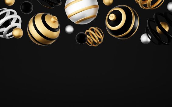 Merry Christmas and Happy New Year 3d render illustration card with ornate gold, black and silver xmas balls and decoration. Winter decoration, minimal design