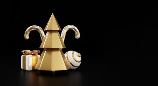 Luxury christmas 3d render banner or greeting card. Modern Minimal New year and Christmas gold and black Decoration with tree, candy, ball, gift box on black background