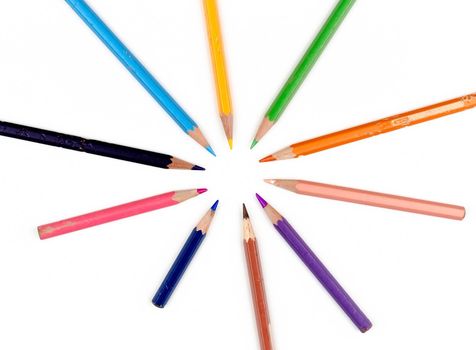 bunch of colored pencils isolated on white background.