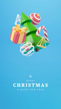 New Year and Christmas 3d design. Realistic gifts box, xmas fir tree, ball, candy and decorative elements holiday banner. 3d render image of christmas holiday
