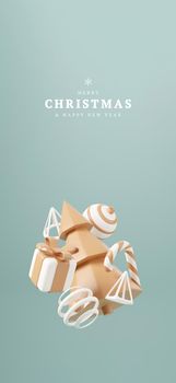 3d Christmas tree with red gift box and ball green background, xmas poster, web banner. 3d render illustration minimal style christmas and new year concept