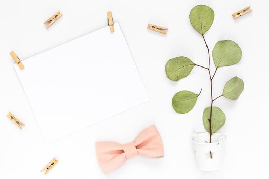 Top view on Beautiful greeting card idea with area for your text with sprigs and leaves, wooden clothespins, and a powdery bow tie copyspace, topview, mockup, flatlay.