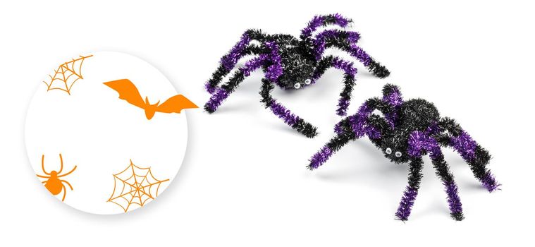Halloween scary concept with decorative spiders on white background, mock up