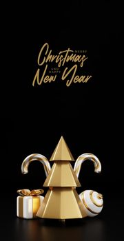 Luxury christmas 3d render banner or greeting card. Modern Minimal New year and Christmas gold and black Decoration with tree, candy, ball, gift box on black background