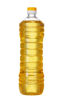 Bottle of sunflower oil isolated on white background. Close up.