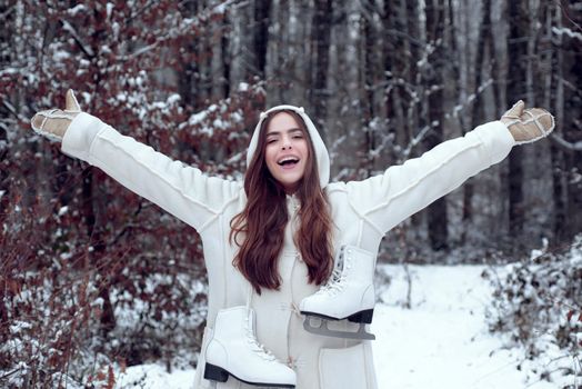 Winter woman. Outdoors. women on mountain. Winter woman happy. Winter woman snow. Global cooling. Women in winter clothes