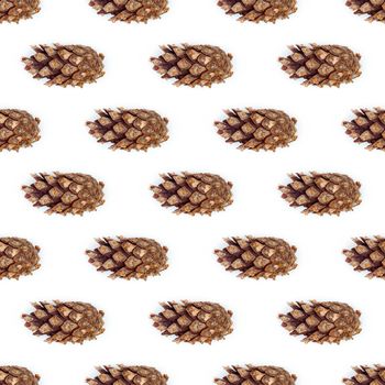 Fir tree cone on a white background abstract seamless pattern. Christmas, decoration, holiday, party, winter, xmas, celebration, conifer, decorative, merry, new.