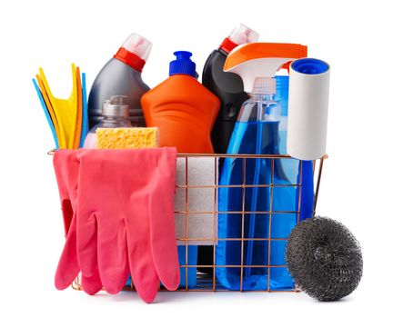 Cleaning items in basket isolated on white background, close up