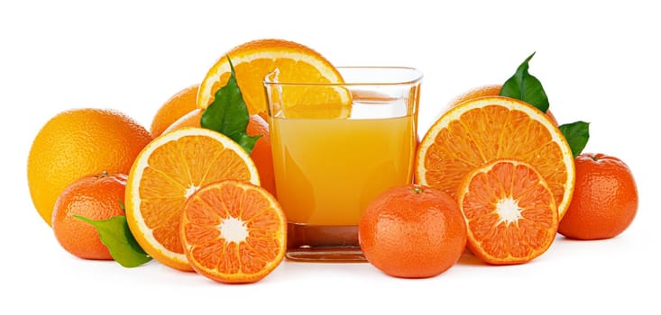 Fresh orange juice in glass isolated on white background