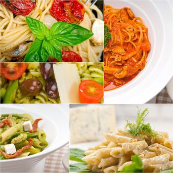 collection of different type of Italian pasta on collage white frame