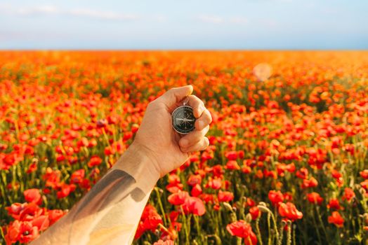 Travel magnetic compass in a male hand on background of red poppies meadow in summer, point of view.