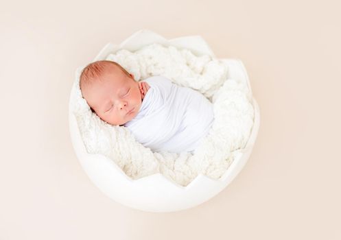 Peaceful neweborn sleeping in egg shaped cradle