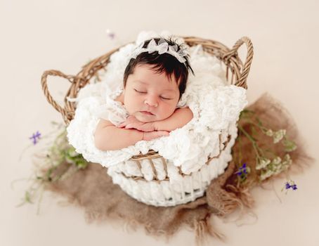 Funny newborn sleeping in basket on stomach