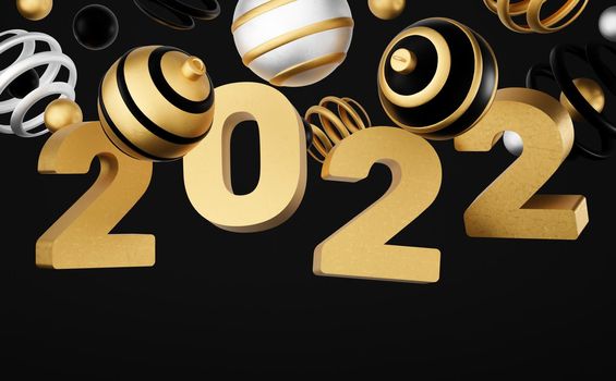 2022 new year abstract background with 3d spheres. black and gold Christmas luxury minimal concept. Decoration design for New Year. 3d rendering