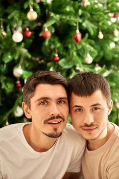 Smile Gay men couple looking at camera Christmas party. Xmas celebration with X'mas tree