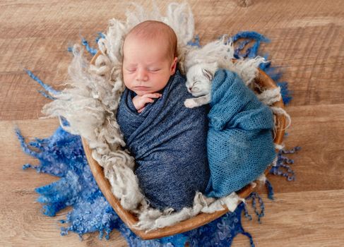 Adorable newborn baby boy swaddled in blue fabric sleeping and little fluffy kitten hugging him. Cute infant kid napping with cat kity in fur in wooden heart bed during studio photoshoot