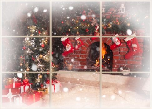 Christmas decorated fireplace and tree in the room - view throw the window, outdoor