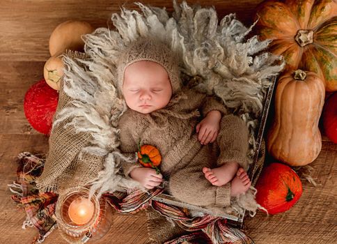 Newborn sleeping framed by orange pumpkins and candle, top view
