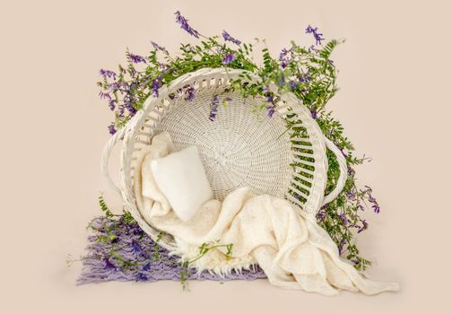 Beautiful braided basket basin decoration for newborn photosession with plants, lavander and knitted blanket. Stylish furniture for infant child studio photo