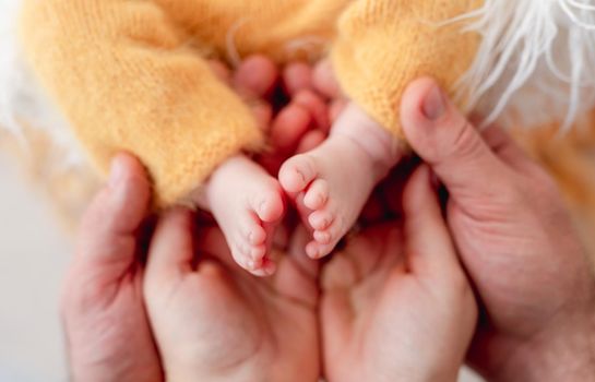 Bare feet of newborn in parents careful hands
