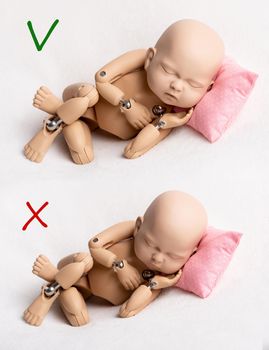 Right and wrong ways to take photo of a doll of newborn, template