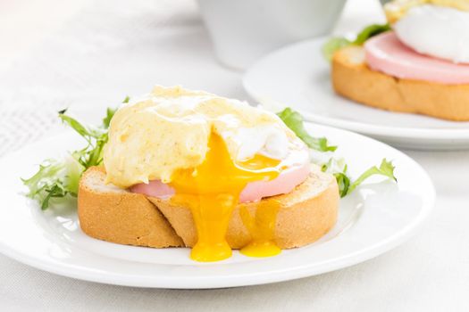 Eggs benedict close up on white plate, serving table