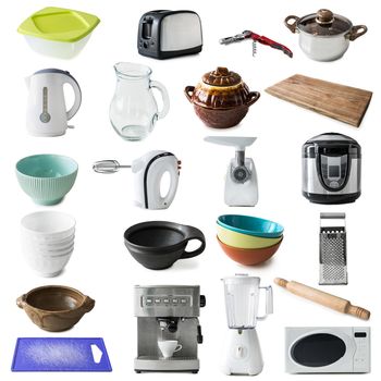 collage of different kinds of kitchen appliances and ware isolated on white background