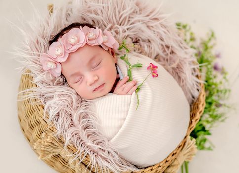 Portrait of beautiful newborn baby girl swaadled in fabric and wearing wreath with flowers sleeping in basket with fur during studio photoshoot. Cute infant child napping