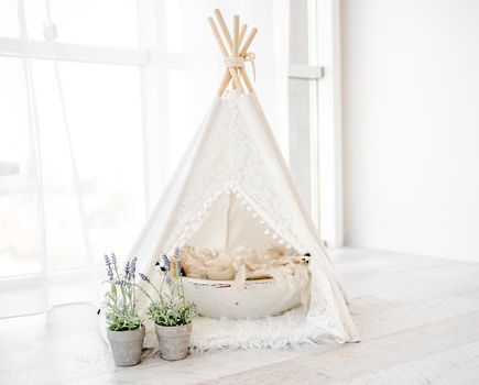 Beautiful white hut decoration with basin for newborn photosession with flowers in light room. Stylish furniture wigwam for infant child studio photo