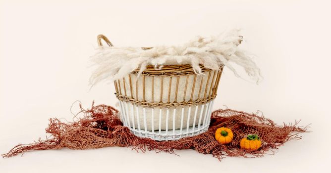 Decoration basket for newborn studio photoshoot in autumn. Tiny bed with pampkins toys for infant baby photos