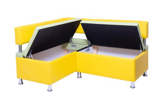 yellow leather office sofa with opened hidden wooden containers inside, metal chrome legs isolated on white background. modern couch, furniture, interior, home design
