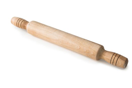 domestic wooden rolling pin isolated on white background