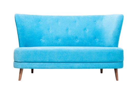 Modern blue fabric sofa isolated on white background. Front view. furniture, interior, home design in minimal style