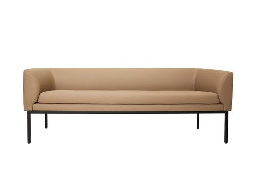 beige leather couch in strict style isolated on white background, front view. modern furniture in minimal style, interior, home or office design