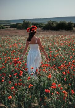Bride in a white dress in a wreath of red poppies, warm sunset time on the background of the red poppy field. Copy space. The concept of calmness, silence and unity with nature.