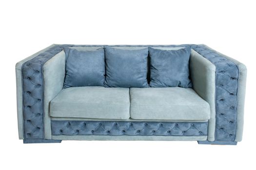 modern blue fabric sofa with three pillows isolated on white background, front view. unusual couch, furniture in contemporary style, interior, home design