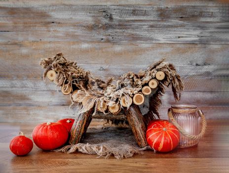 Tiny wooden log bed for newborn baby photoshoot decorated with autumn pampkins. Studio handmade scene for halloween infant child photos