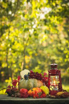 Fruits and nuts, pumpkins on the table outdoor and kerosene lamp - cozy autumn