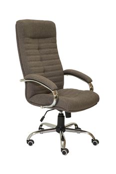 grey fabric office armchair on wheels isolated on white background. side view