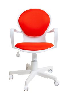 red office fabric armchair on wheels isolated on white background, front view. modern furniture, interior, home design