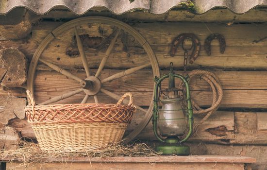 Rural retro still life. Table near the granary