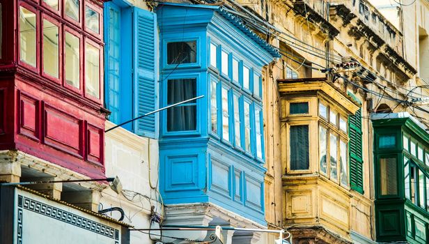 traditional balconies in historical center of Valletta in Malta