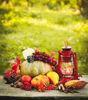 Fruits and nuts, pumpkins on the table outdoor and kerosene lamp - cozy autumn