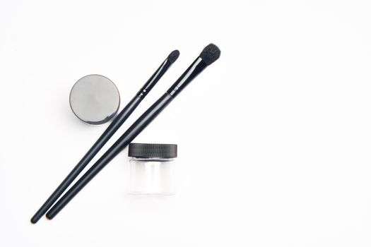 makeup brushes accessories cosmetics top view fashion. High quality photo