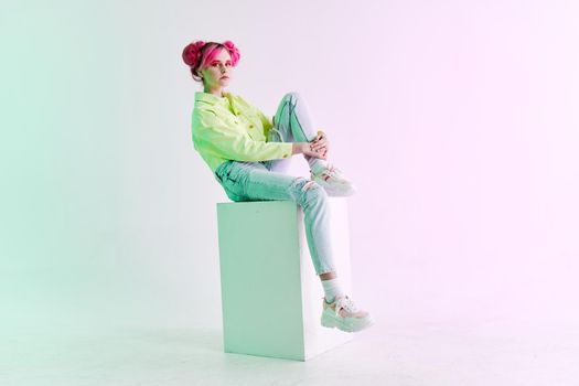 fashionable woman pink hair posing fashion clothes lifestyle fun design. High quality photo