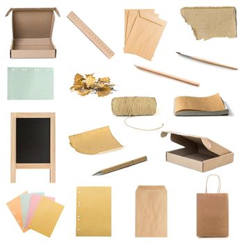 collage of stationery and wooden and paper things isolated on white background